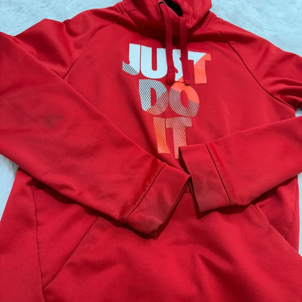 Men Nike Dri-Fit Scuba Just Do It Graphic Pullover Hoodie in Red and White Small